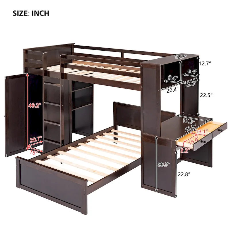 Twin size Loft Bed with a Stand-alone bed, Shelves,Desk,and Wardrobe
