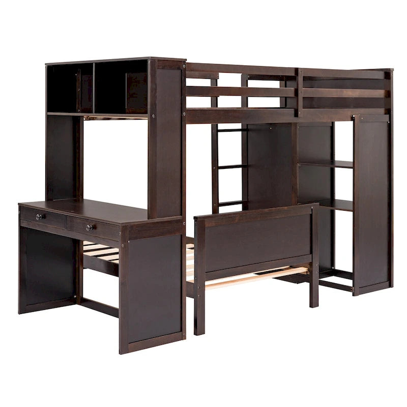 Twin size Loft Bed with a Stand-alone bed, Shelves,Desk,and Wardrobe