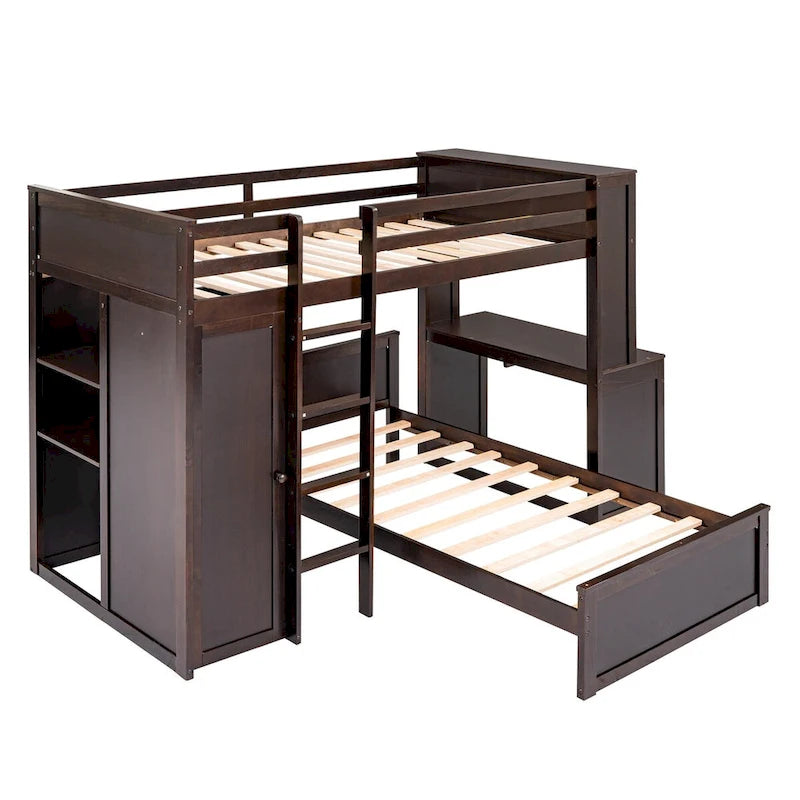 Twin size Loft Bed with a Stand-alone bed, Shelves,Desk,and Wardrobe