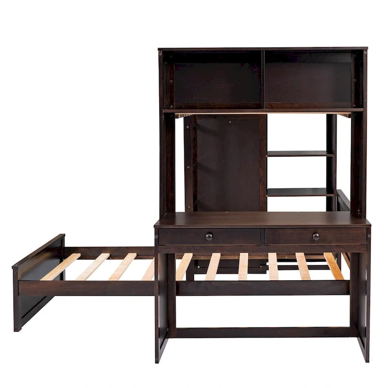 Twin size Loft Bed with a Stand-alone bed, Shelves,Desk,and Wardrobe