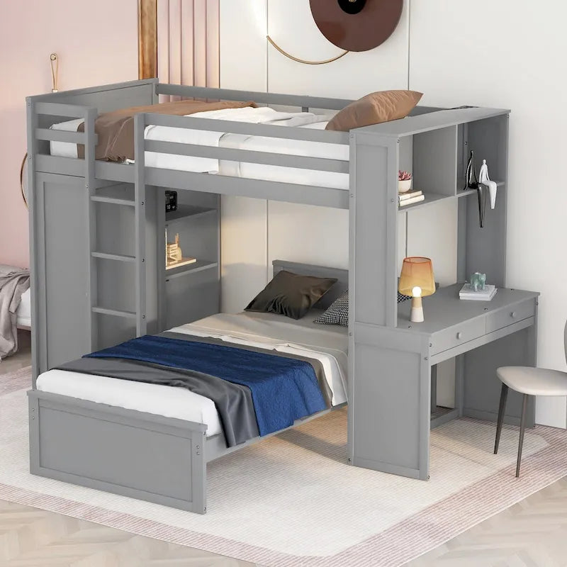 Twin size Loft Bed with a Stand-alone bed, Shelves,Desk,and Wardrobe