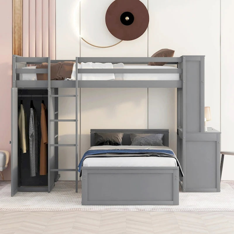 Twin size Loft Bed with a Stand-alone bed, Shelves,Desk,and Wardrobe