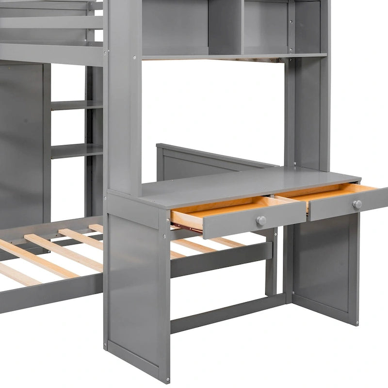 Twin size Loft Bed with a Stand-alone bed, Shelves,Desk,and Wardrobe