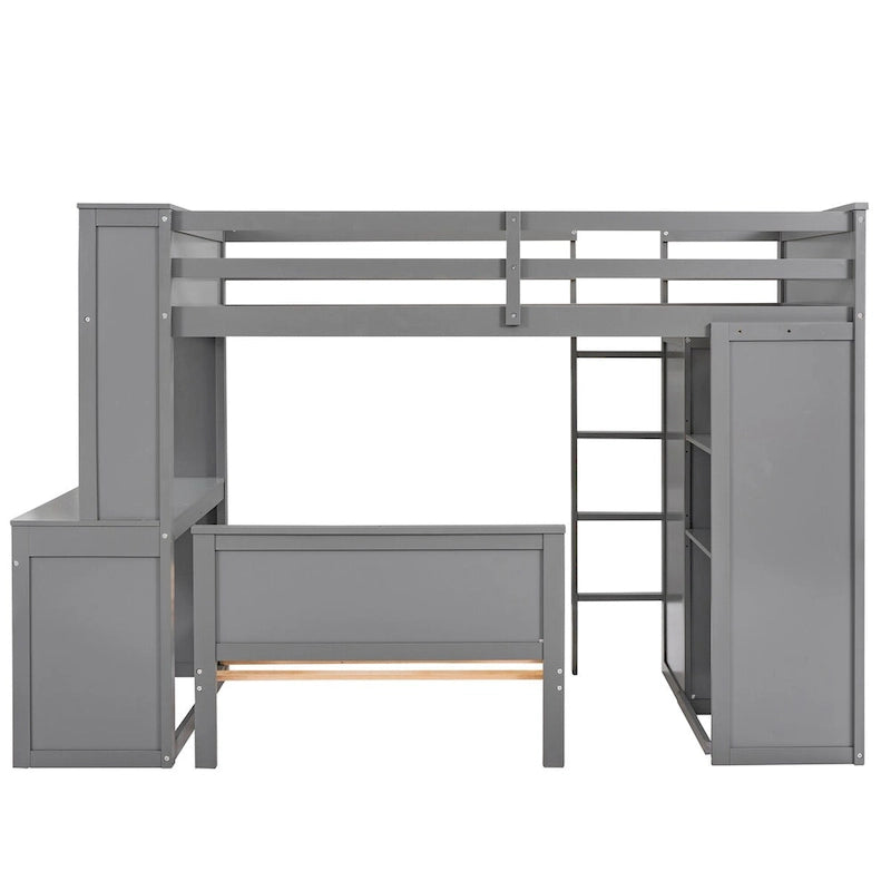 Twin size Loft Bed with a Stand-alone bed, Shelves,Desk,and Wardrobe