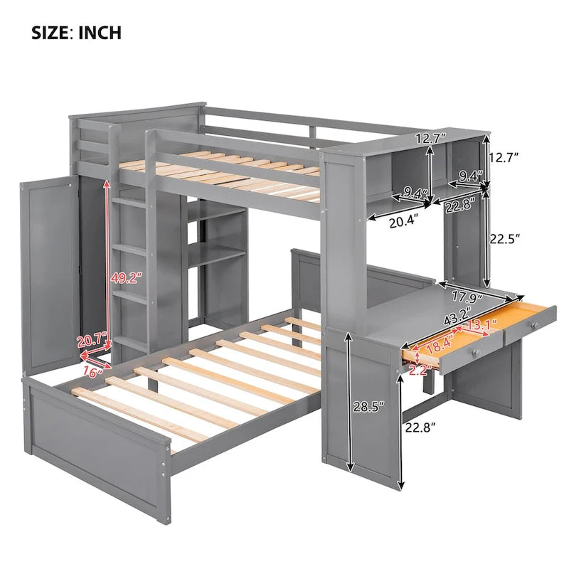 Twin size Loft Bed with a Stand-alone bed, Shelves,Desk,and Wardrobe