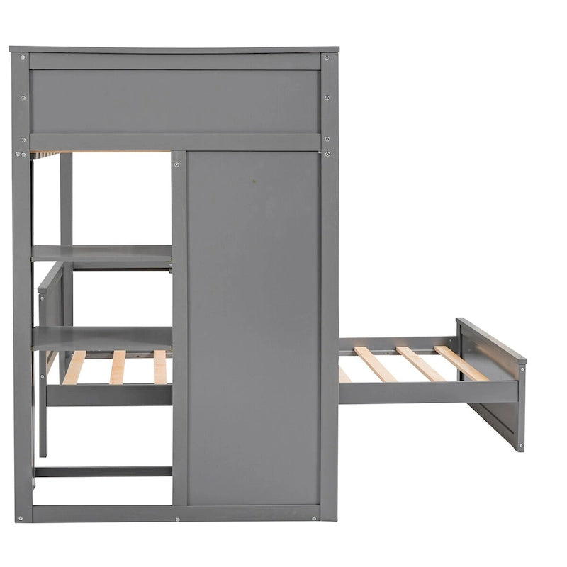 Twin size Loft Bed with a Stand-alone bed, Shelves,Desk,and Wardrobe