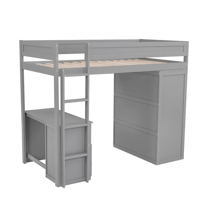 Wood Twin Size Loft Bed with Wardrobes and 2-Drawer Desk with Cabinet, Full-Length Guardrail Top Bunk for Kids Teens