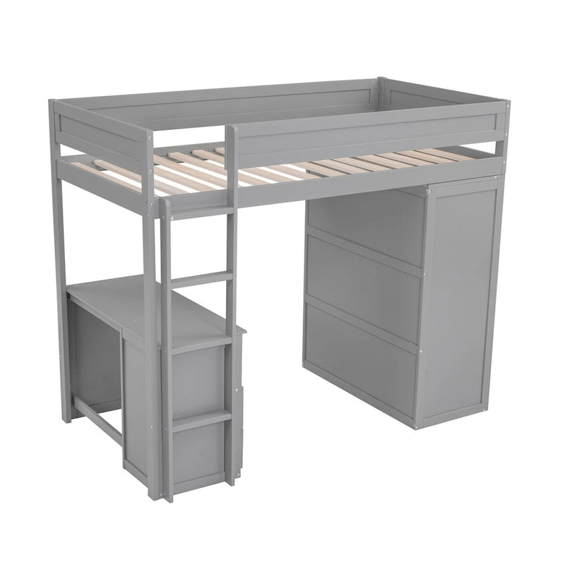 Wood Twin Size Loft Bed with Wardrobes and 2-Drawer Desk with Cabinet, Full-Length Guardrail Top Bunk for Kids Teens