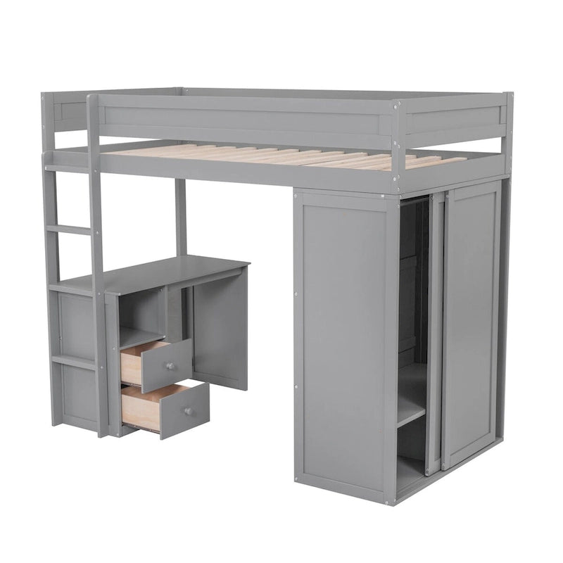 Wood Twin Size Loft Bed with Wardrobes and 2-Drawer Desk with Cabinet, Full-Length Guardrail Top Bunk for Kids Teens