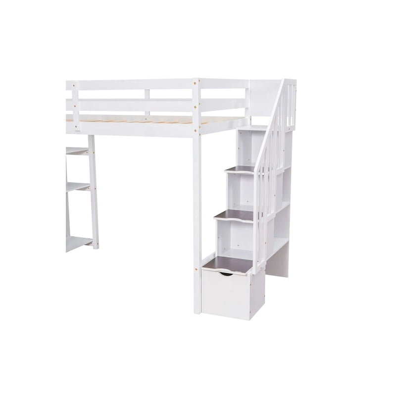 Loft Bed with Storage Drawers and Stairs, Wooden Loft Bed with Shelves