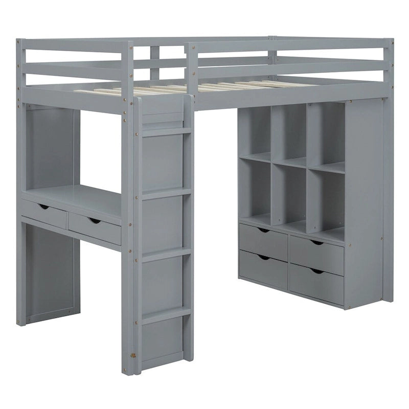 Twin Size Loft Bed with Large Shelves, Writing Sesk and LED Light