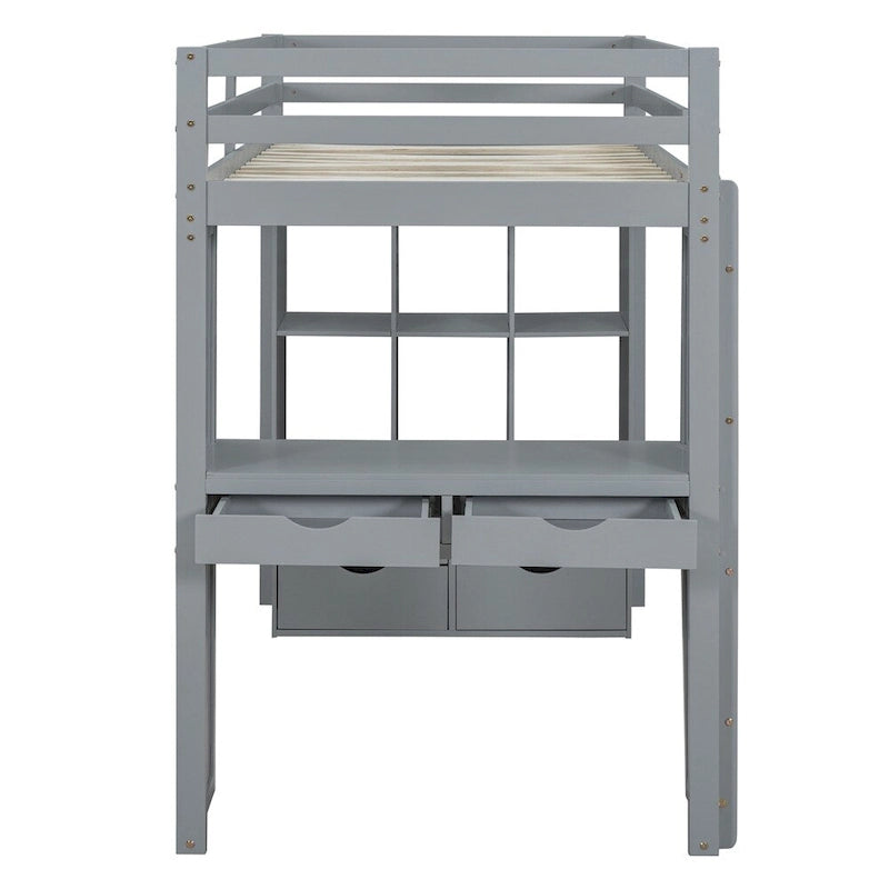 Twin Size Loft Bed with Large Shelves, Writing Sesk and LED Light