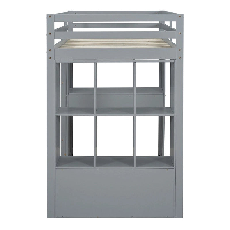 Twin Size Loft Bed with Large Shelves, Writing Sesk and LED Light