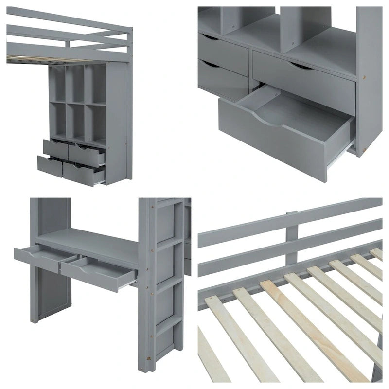 Twin Size Loft Bed with Large Shelves, Writing Sesk and LED Light