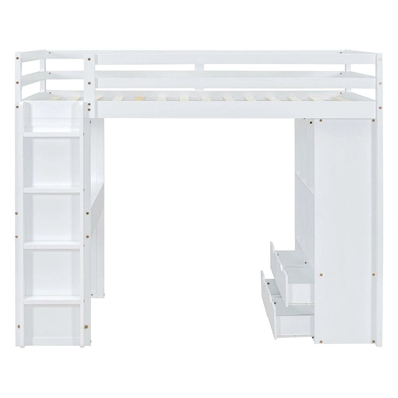 Twin Size Loft Bed with Large Shelves, Writing Sesk and LED Light