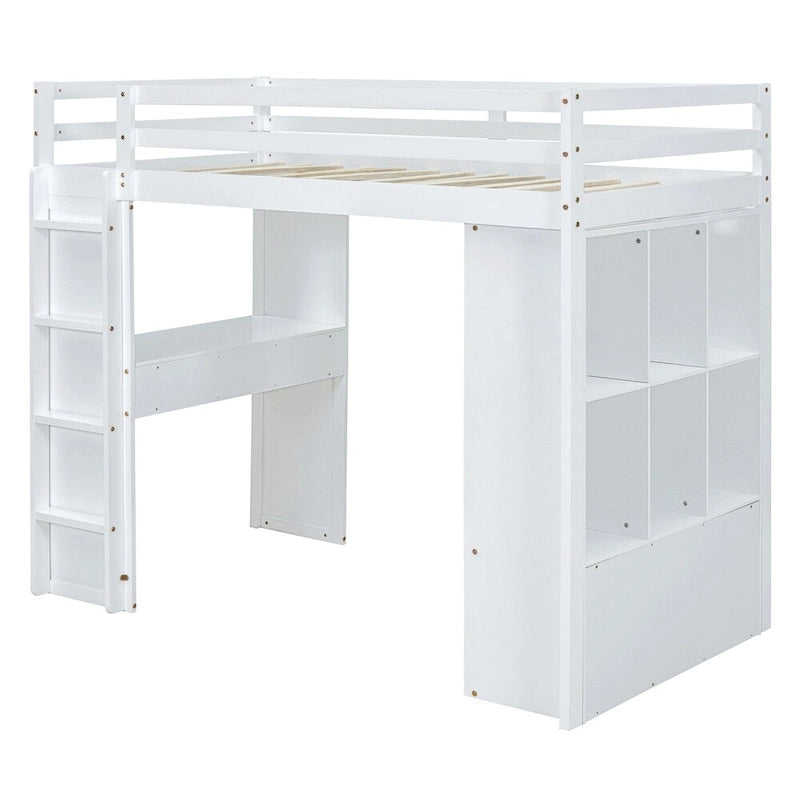 Twin Size Loft Bed with Large Shelves, Writing Sesk and LED Light