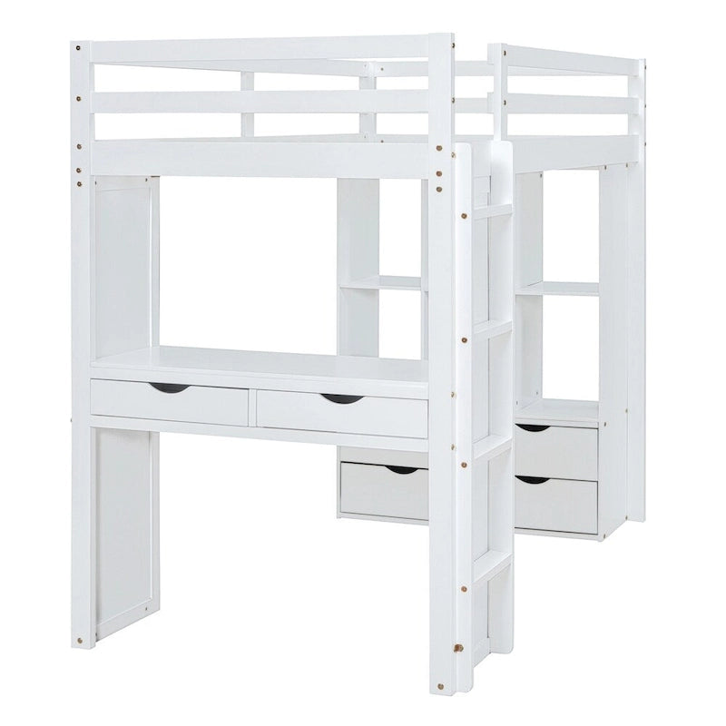 Twin Size Loft Bed with Large Shelves, Writing Sesk and LED Light