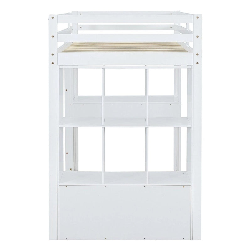 Twin Size Loft Bed with Large Shelves, Writing Sesk and LED Light