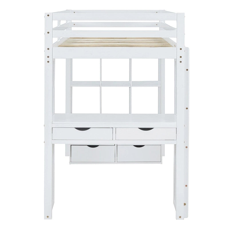Twin Size Loft Bed with Large Shelves, Writing Sesk and LED Light