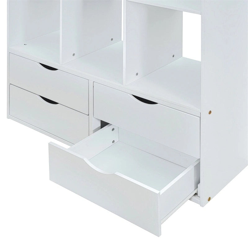 Twin Size Loft Bed with Large Shelves, Writing Sesk and LED Light