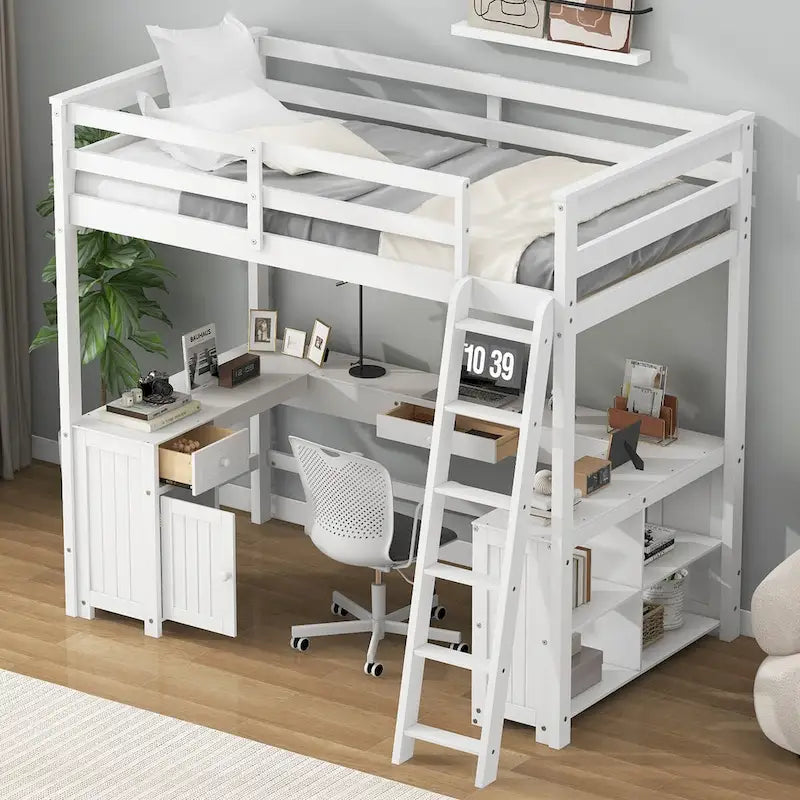 Full Size Wooden Loft Bed with U-shaped Desk, Drawers and Storage Shelves