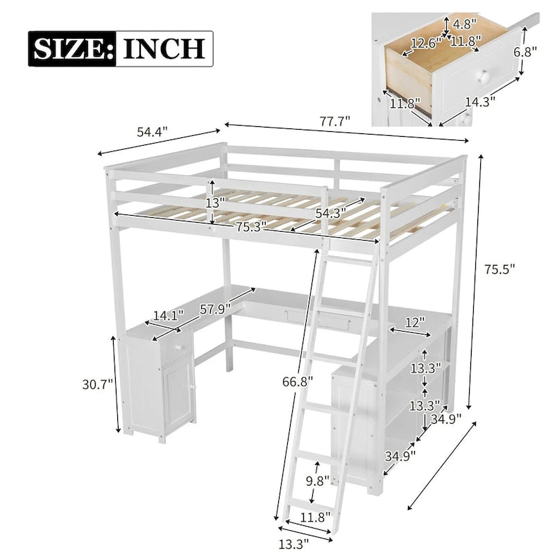 Full Size Wooden Loft Bed with U-shaped Desk, Drawers and Storage Shelves