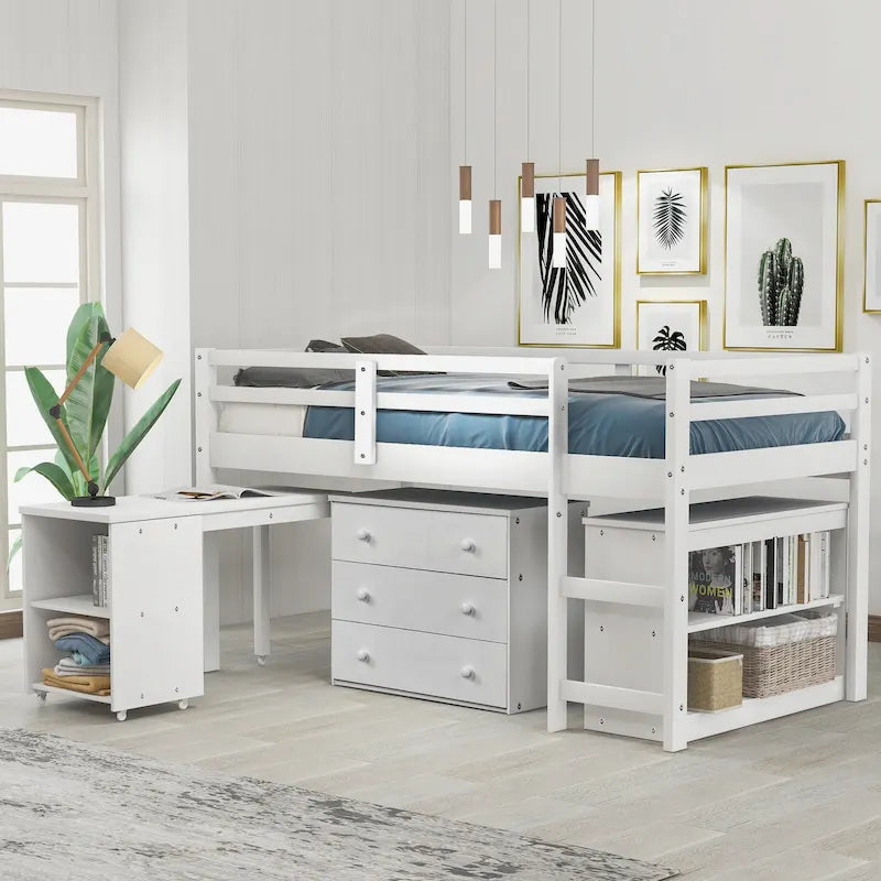 Low Study Loft Bed with Cabinet and Rolling Portable Desk