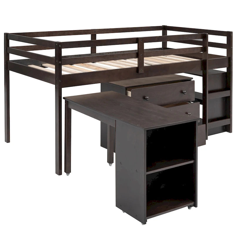 Low Study Loft Bed with Cabinet and Rolling Portable Desk