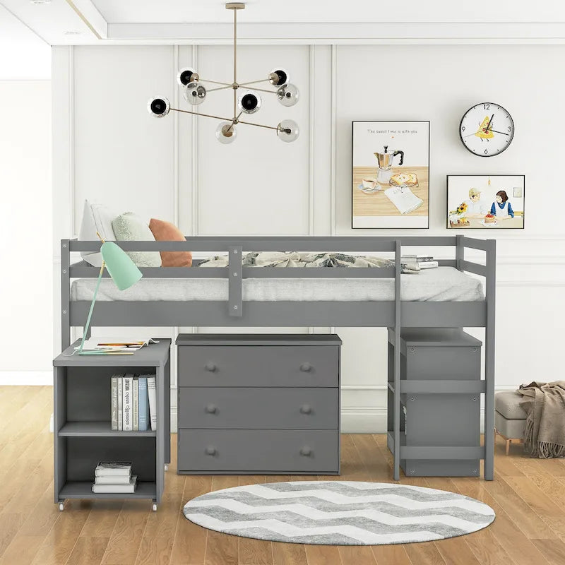Low Study Loft Bed with Cabinet and Rolling Portable Desk