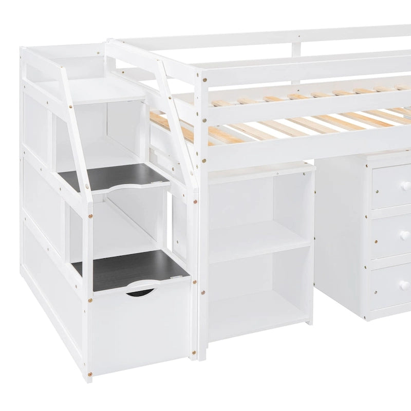 Solid Wood Loft Bed with Retractable Desk, Storage Stairs, Storage Drawers, and Shelves
