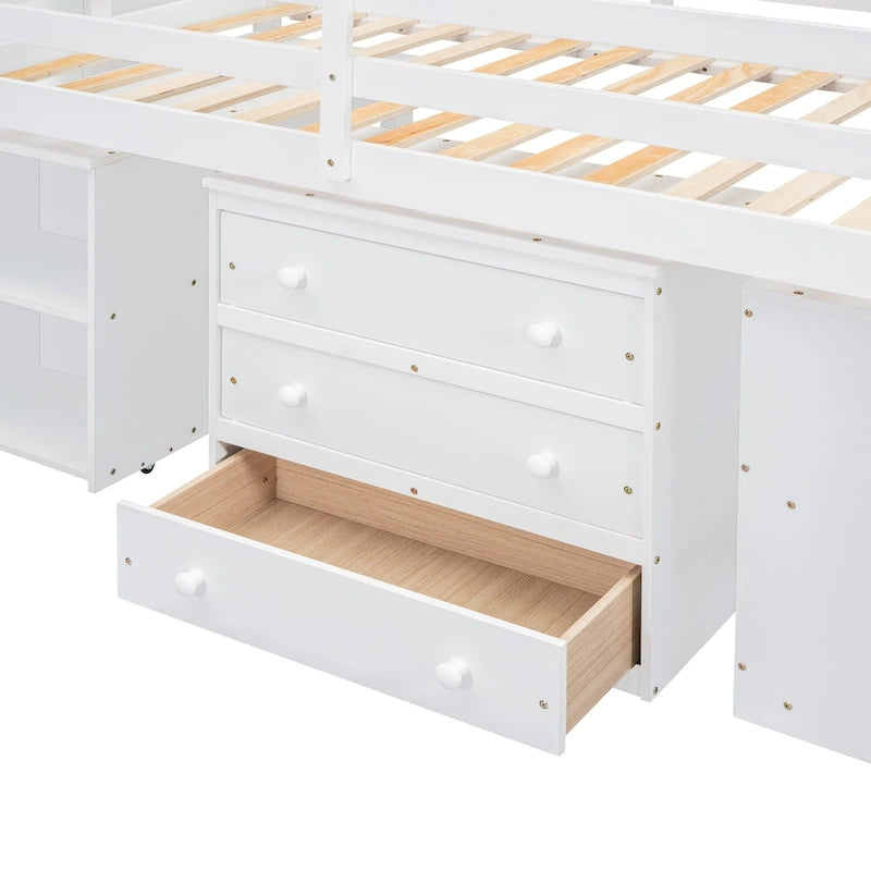Solid Wood Loft Bed with Retractable Desk, Storage Stairs, Storage Drawers, and Shelves