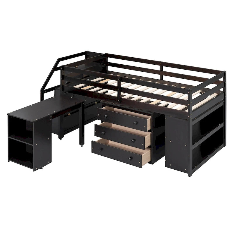 Solid Wood Loft Bed with Retractable Desk, Storage Stairs, Storage Drawers, and Shelves