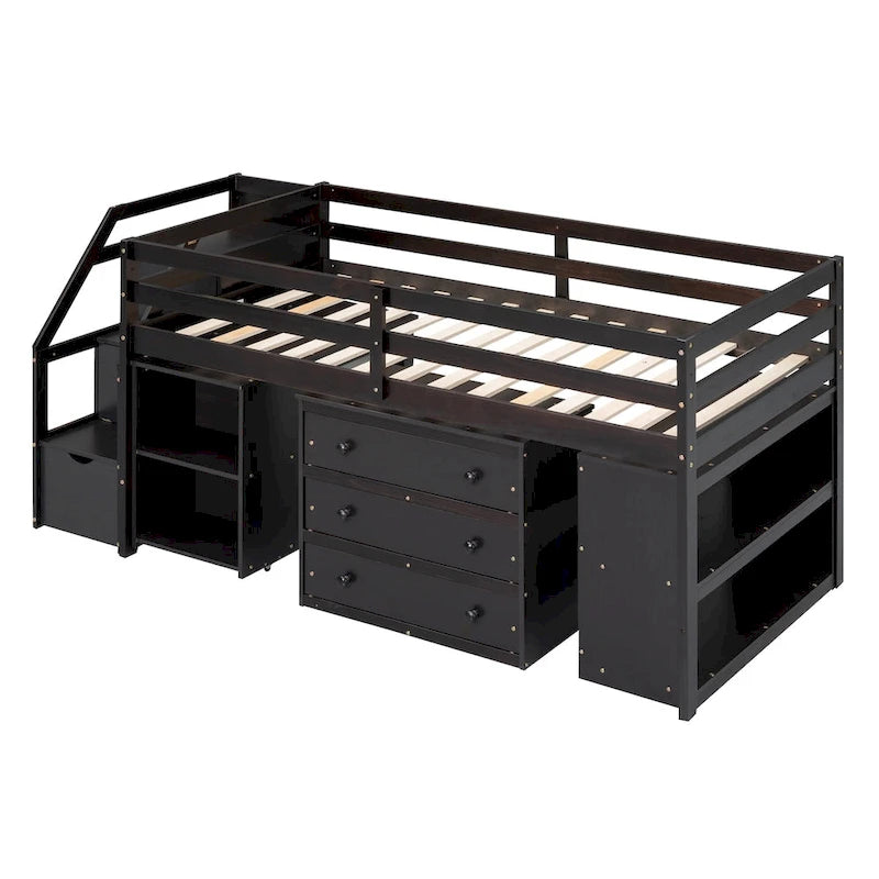 Solid Wood Loft Bed with Retractable Desk, Storage Stairs, Storage Drawers, and Shelves