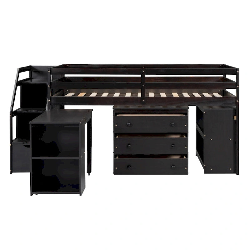 Solid Wood Loft Bed with Retractable Desk, Storage Stairs, Storage Drawers, and Shelves