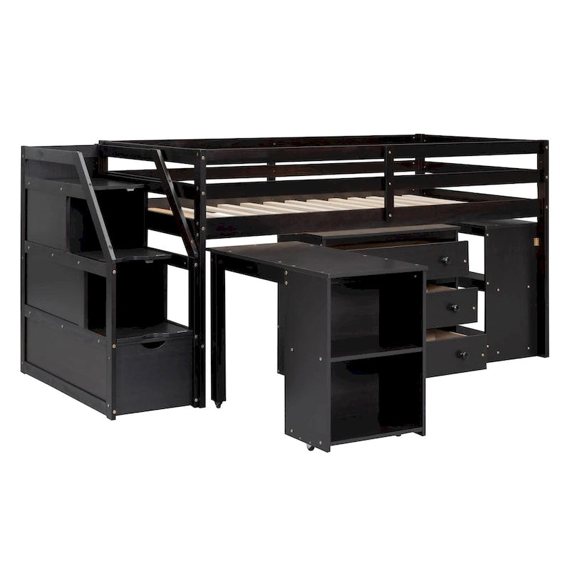 Solid Wood Loft Bed with Retractable Desk, Storage Stairs, Storage Drawers, and Shelves