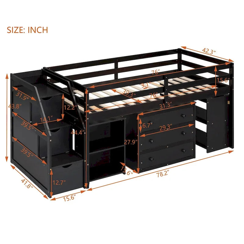 Solid Wood Loft Bed with Retractable Desk, Storage Stairs, Storage Drawers, and Shelves