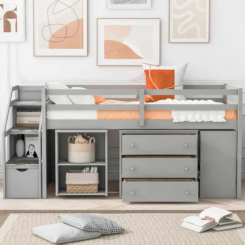 Solid Wood Loft Bed with Retractable Desk, Storage Stairs, Storage Drawers, and Shelves