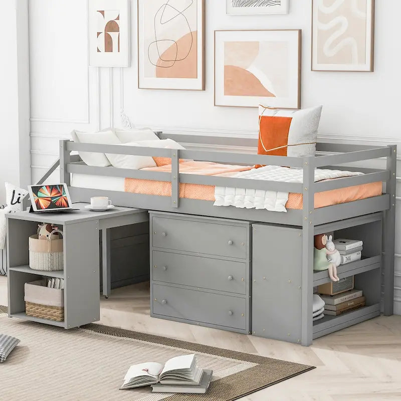 Solid Wood Loft Bed with Retractable Desk, Storage Stairs, Storage Drawers, and Shelves