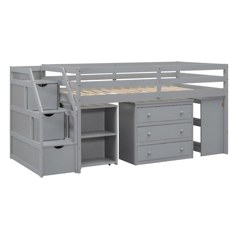 Solid Wood Loft Bed with Retractable Desk, Storage Stairs, Storage Drawers, and Shelves