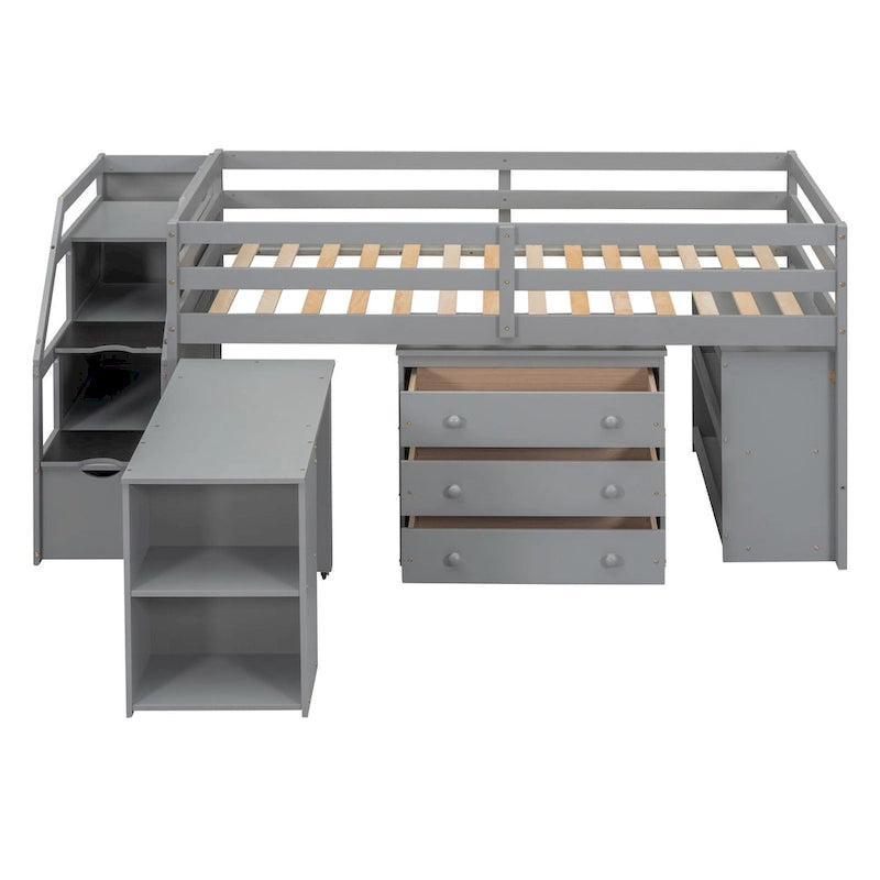 Solid Wood Loft Bed with Retractable Desk, Storage Stairs, Storage Drawers, and Shelves
