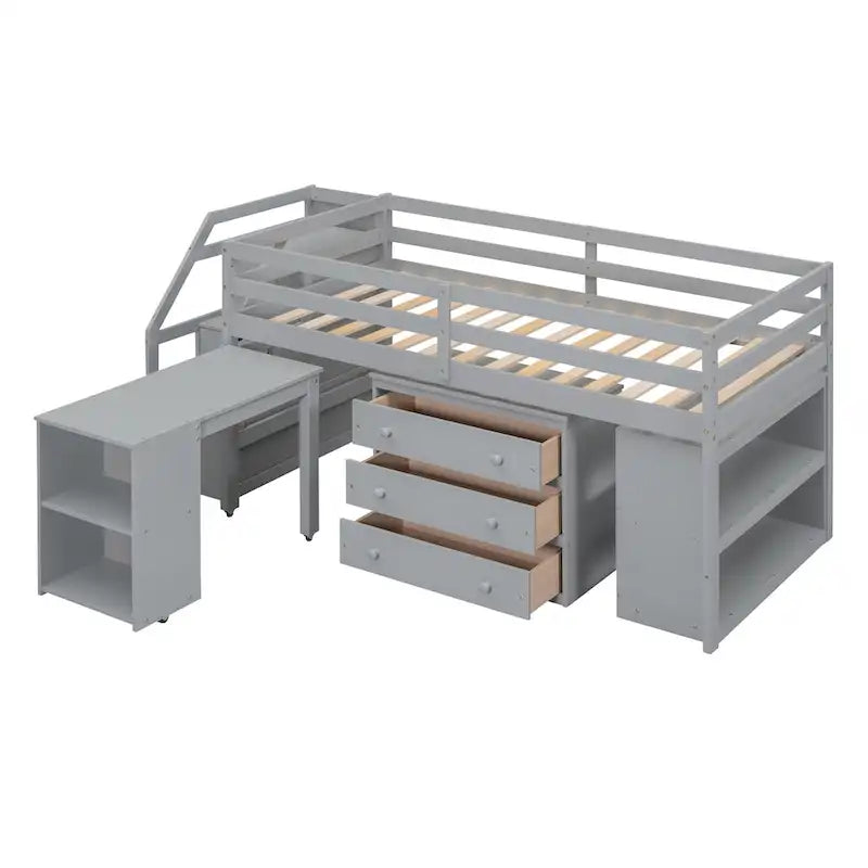 Solid Wood Loft Bed with Retractable Desk, Storage Stairs, Storage Drawers, and Shelves