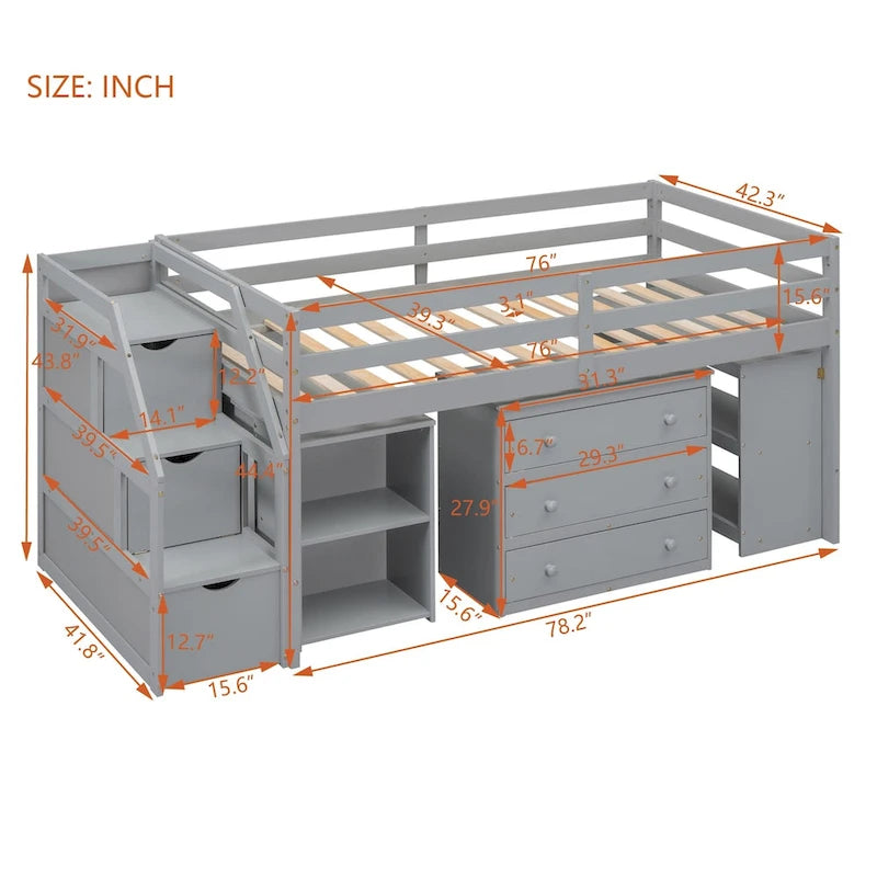 Solid Wood Loft Bed with Retractable Desk, Storage Stairs, Storage Drawers, and Shelves