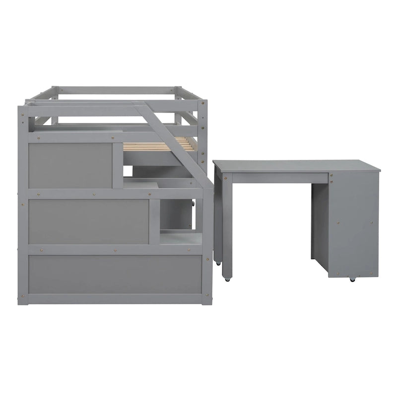 Solid Wood Loft Bed with Retractable Desk, Storage Stairs, Storage Drawers, and Shelves