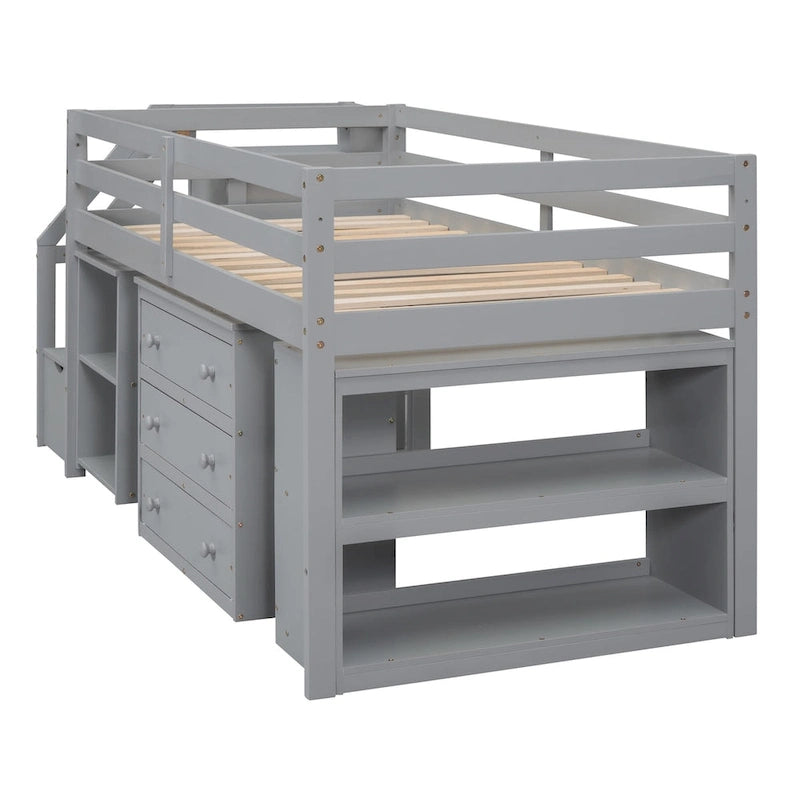 Solid Wood Loft Bed with Retractable Desk, Storage Stairs, Storage Drawers, and Shelves