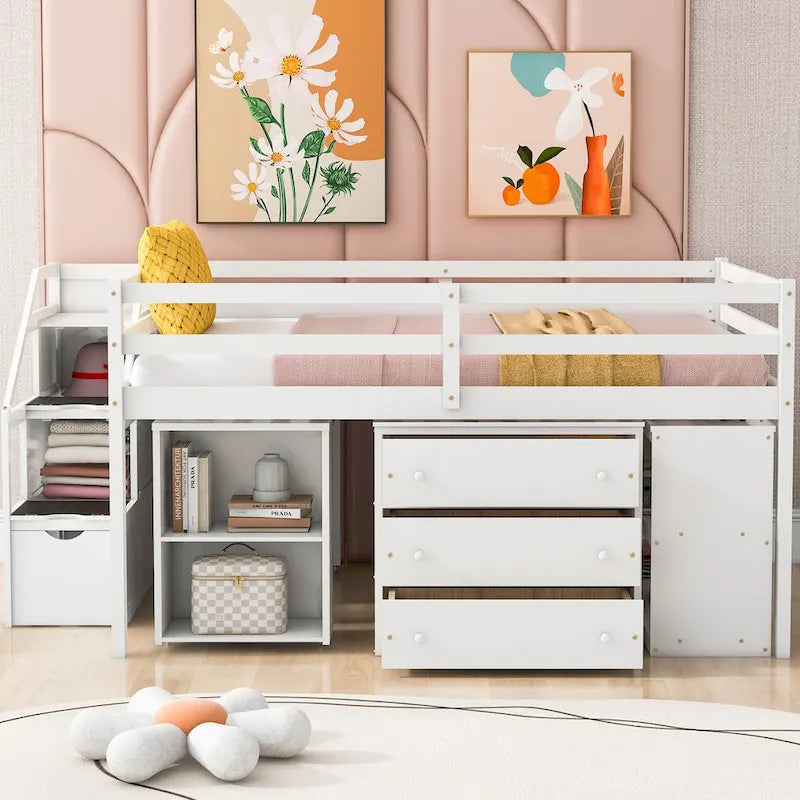 Solid Wood Loft Bed with Retractable Desk, Storage Stairs, Storage Drawers, and Shelves