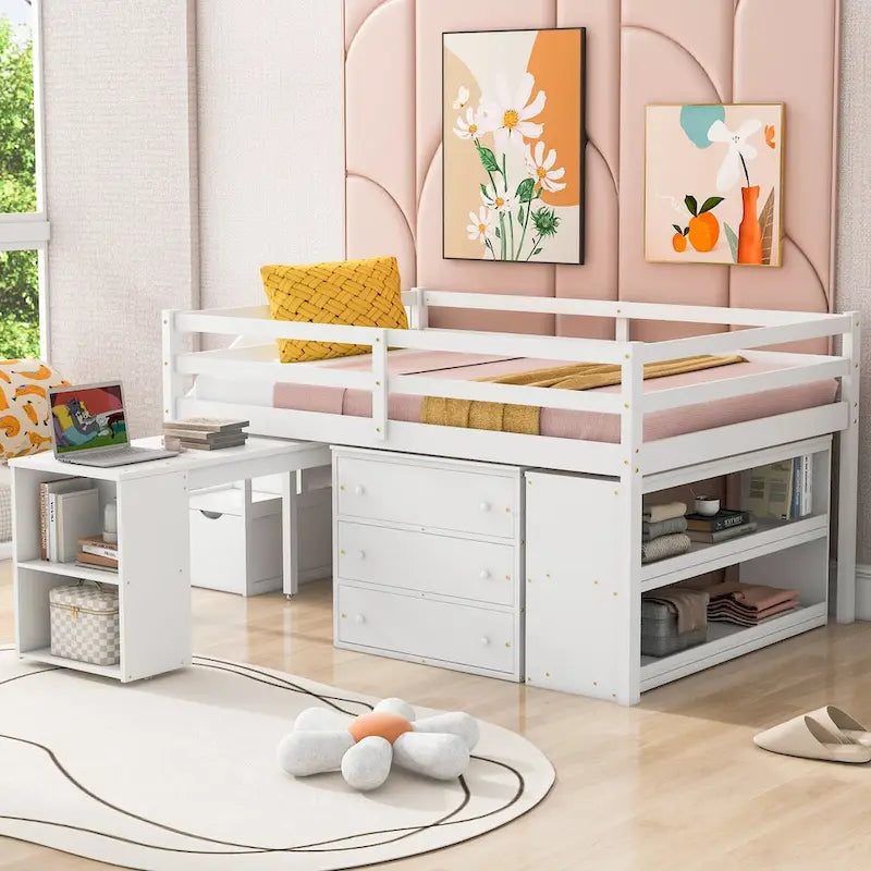 Solid Wood Loft Bed with Retractable Desk, Storage Stairs, Storage Drawers, and Shelves