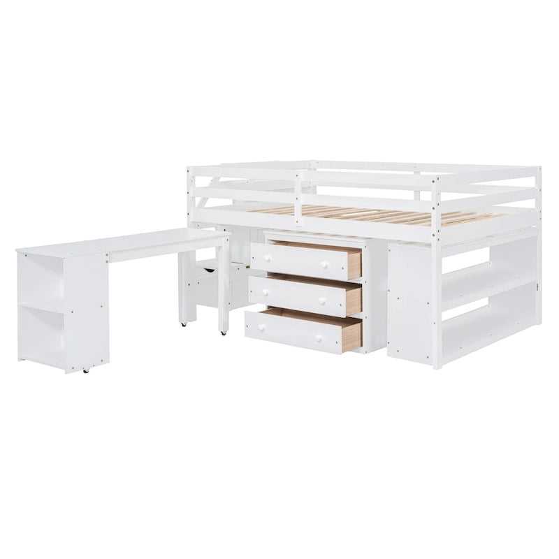 Solid Wood Loft Bed with Retractable Desk, Storage Stairs, Storage Drawers, and Shelves
