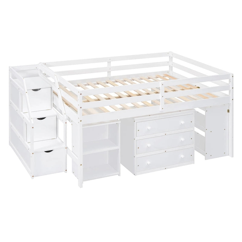 Solid Wood Loft Bed with Retractable Desk, Storage Stairs, Storage Drawers, and Shelves