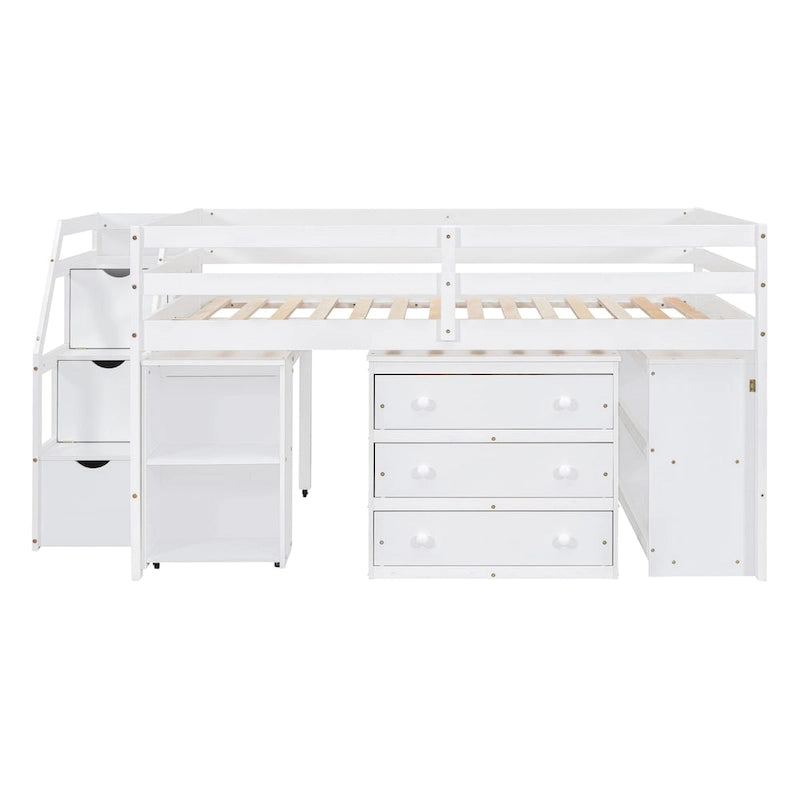 Solid Wood Loft Bed with Retractable Desk, Storage Stairs, Storage Drawers, and Shelves