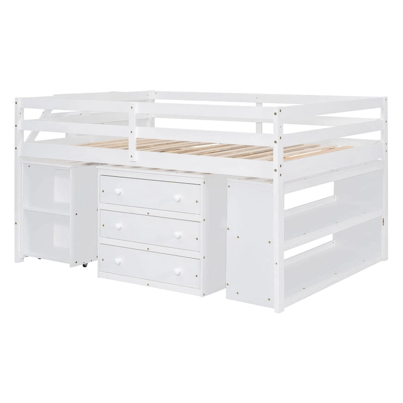 Solid Wood Loft Bed with Retractable Desk, Storage Stairs, Storage Drawers, and Shelves